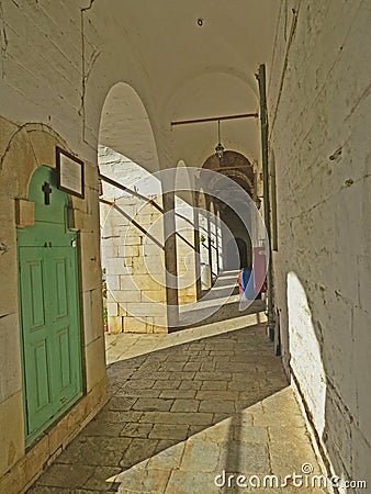 Ancient corridor of a monastery in holy Mount Athos Greece Stock Photo