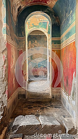 An ancient corridor reveals weathered frescoes and architectural details from a bygone era Cartoon Illustration