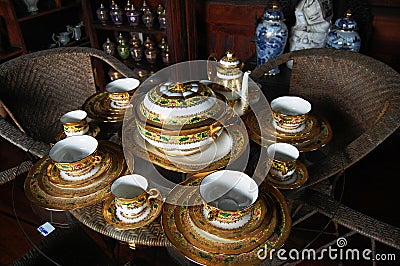 Ancient crafts benjarong set or handicrafts traditional painted thai ceramics pottery colors antique style for show and sell for Stock Photo