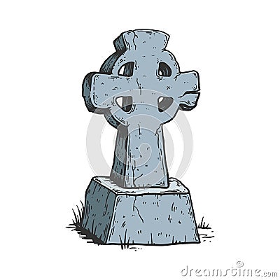 Ancient cross tombstone color sketch engraving Vector Illustration