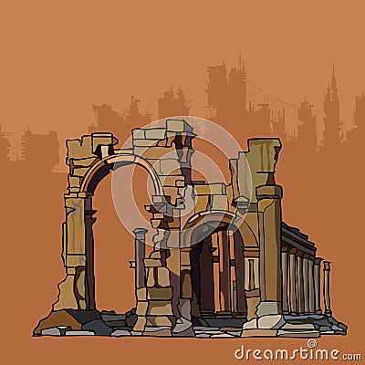 Ancient crumbling arches of stone with columns Vector Illustration