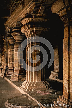 Ancient decorated pillars of badami caves carved with chalukyan architecture,India Stock Photo