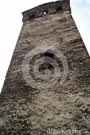 Ancient defensive and living stone tower, detail, in a mountain village, Ushguli, in Svaneti, Georgia Stock Photo