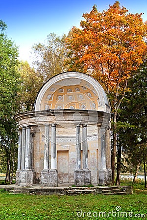 The ancient destroyed arbor in autumn park.Saint-Petersburg. Gatchina. Stock Photo
