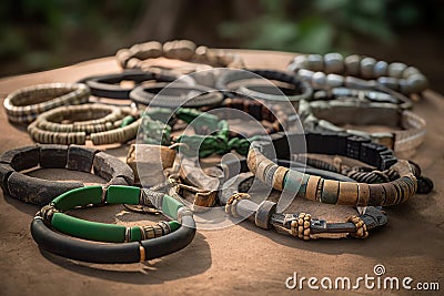 Ancient different tribe bracelet on table. Generate Ai Stock Photo