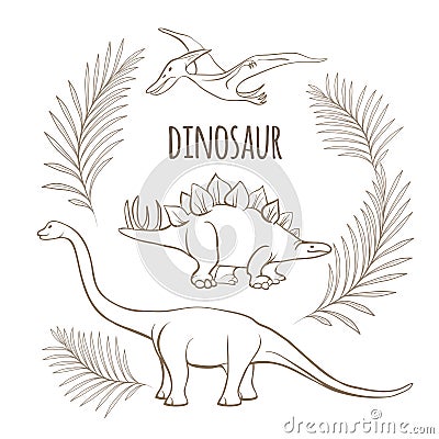 Ancient dinosaurs and palm branches monochrome outline sketch Vector Illustration