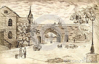 Ancient downtown scenic view. Pencil art Stock Photo