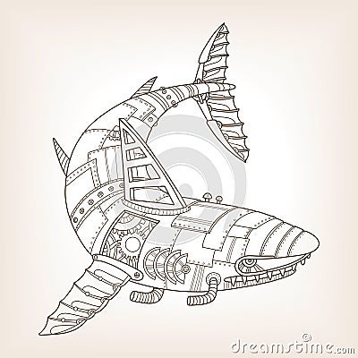 Ancient draft of mechanical shark vector Vector Illustration
