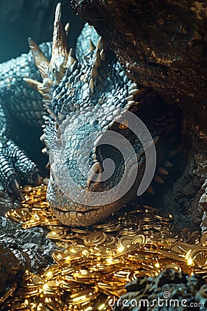 Ancient dragon hoarding gold, dim cave, closeup, treasure gleam, highdefinition render , hyper realistic Stock Photo