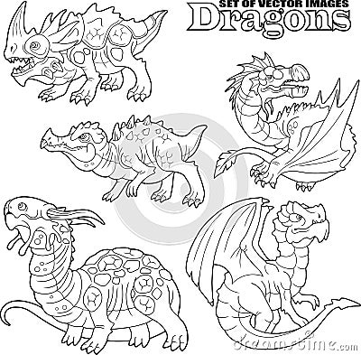 Ancient dragons, coloring book, set of funny images Vector Illustration