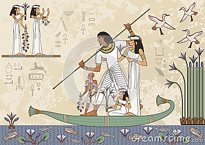 Ancient egypt banner.Murals with ancient egypt scene Vector Illustration