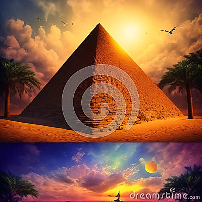 Ancient egypt civilization, robotand workers building pyramids. Historic event, monument by nile river. Generative AI. Stock Photo