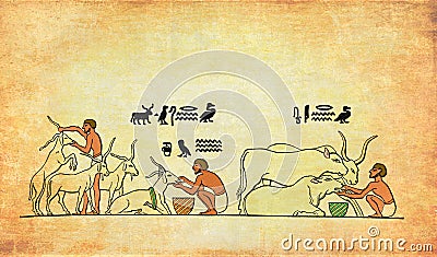 Ancient Egypt costumes:slaves attending livestock Stock Photo