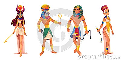 Egypt gods Hathor, Ra, rulers Pharaoh, Nefertiti Vector Illustration