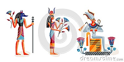 Ancient Egypt gods set. Anubis, Egyptian goddess, pharaoh on white background. Art history gods vector illustration Vector Illustration