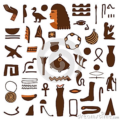 Ancient Egypt icons with ancient sculptures and hieroglyphs Cartoon Illustration