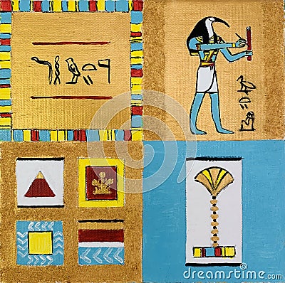 Ancient Egypt Hieroglyphic symbols, Thoth God, Papyrus and abstract square designs with frame borders on gold Stock Photo