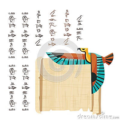 Ancient Egypt papyrus scroll with flying bird Vector Illustration