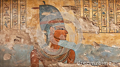 Ancient Egyptian art, painting of God or pharaoh, old wall fresco, fiction view Stock Photo