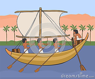 Ancient egyptian boat at Nile with pyramids background Vector Illustration