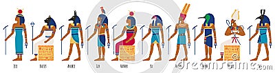 Ancient egyptian gods. Egyptian culture gods, Anubis, Osiris, Isis, Bastet and Amun Ra. Historical egyptian culture Vector Illustration