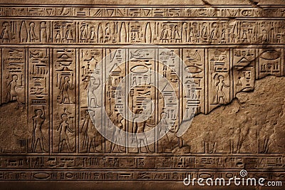 Ancient Egyptian hieroglyphic writing, vintage wall with hieroglyphs, fiction view Stock Photo