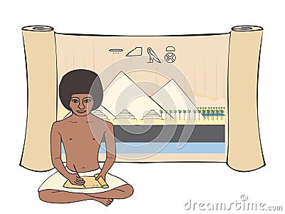 Ancient Egyptian scribe with papyrus scroll background Vector Illustration