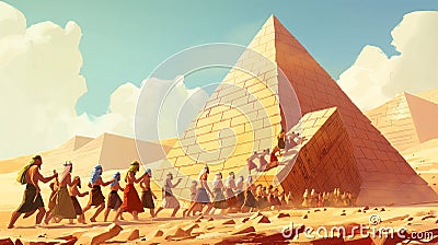 Ancient Egyptian slaves drag Huge bricks to building Pyramid Cartoon Illustration