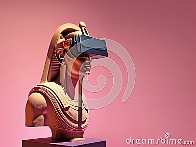 Ancient egyptian statue with VR headset and experiencing virtual reality simulation, metaverse and fantasy world Stock Photo
