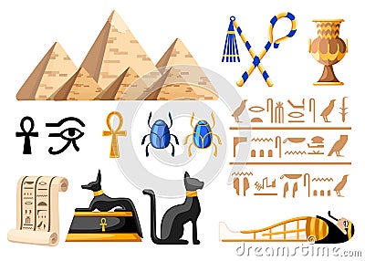 Ancient Egyptian symbols and decoration Egypt flat icons illustration on white background web site page and mobile app desi Cartoon Illustration