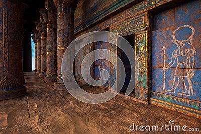 Ancient Egyptian temple or tomb entrance surrounded by blue and gold painted columns and walls. 3D illustration Stock Photo