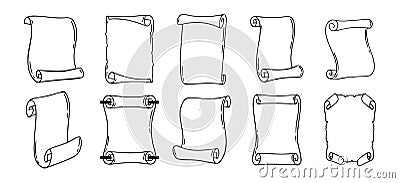 Ancient empty scroll doodle hand drawn, ancient medieval paper outline icon set. Outline vector paper scrolls, papyrus Vector Illustration