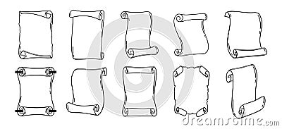 Ancient empty scroll doodle hand drawn, ancient medieval paper outline icon set. Outline vector paper scrolls, papyrus Vector Illustration