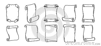 Ancient empty scroll doodle hand drawn, ancient medieval paper outline icon set. Outline vector paper scrolls, papyrus Vector Illustration