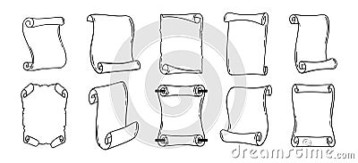 Ancient empty scroll doodle hand drawn, ancient medieval paper outline icon set. Outline vector paper scrolls, papyrus Vector Illustration