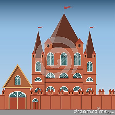 Ancient fairy-tale castle with a fortress wall. Vector Illustration