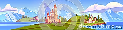 Ancient fairy tale castle on island in sea Vector Illustration