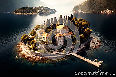 Ancient fairy tale castle on island surrounded by sea water. Cartoon illustration of summer landscape with old town Stock Photo
