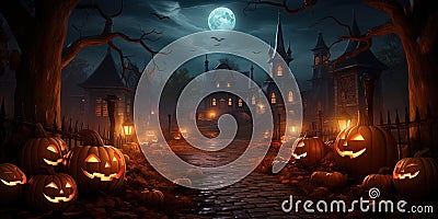 An ancient fairy-tale town decorated with glowing pumpkins for Halloween Stock Photo