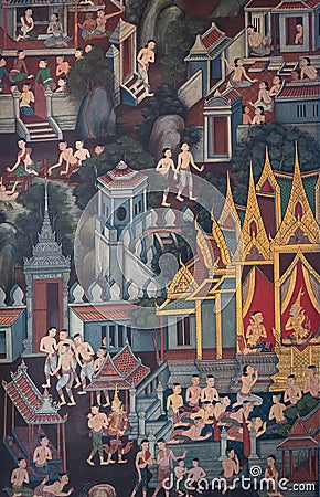 Ancient famous Thai mural wall paintings attached at building along inner wall around chapel portrays story of Buddhist history at Editorial Stock Photo