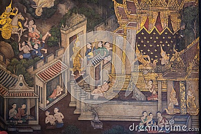 Ancient famous Thai mural wall paintings attached at building along inner wall around chapel portrays story of Buddhist history at Editorial Stock Photo