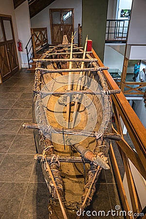 Ancient fishing boat of indigenous pre Columbian people in Tierra del Fuego National Park museum at Ushuaia, Patagonia, Argentina Editorial Stock Photo
