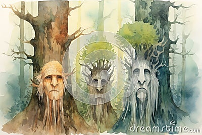 Ancient forest guardians, towering tree ents with deep-rooted wisdom - Generative AI Stock Photo