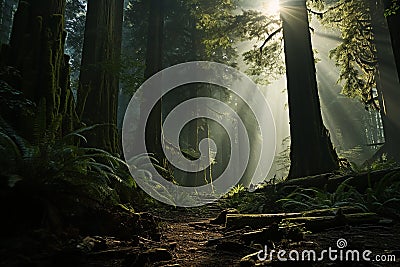 ancient forest with towering trees Stock Photo