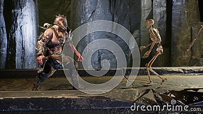 An ancient formidable warrior fights terrible skeletons in a stone castle. The image is designed for military Stock Photo