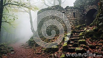 Ancient fortification hidden in misty forest Stock Photo