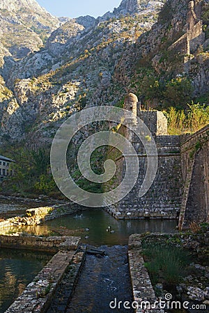Ancient fortifications. Montenegro. Fortress in Old Town of Kotor. Northern walls and Riva Bastion Stock Photo