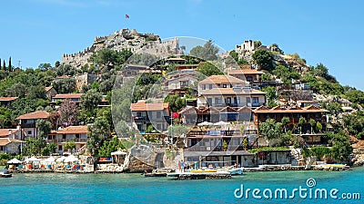 Ancient fortress on hill next to famous underwater city Kekova in mediterranean coastline of Antalya province,Turkey. Editorial Stock Photo