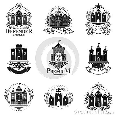 Ancient Fortresses emblems set. Heraldic Coat of Arms, vintage Stock Photo