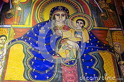 Ancient fresco in the church of Our Lady Mary of Zion, Aksum, Ethiopia. Stock Photo